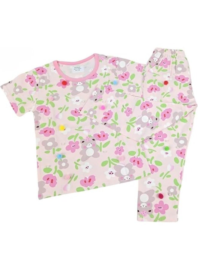 MINIIMODZ MINII MODZ Pink Flower Teddy Print Shirt & Pant Set for Girls – Soft Cotton Dress Sleepwear | Suitable for Kids, Toddlers, and Infants - Image 1